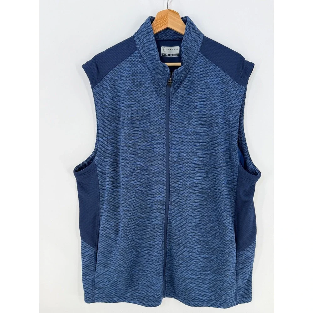 PGA Tour Mens XL Blue Marled Full Zip Fleece Lined Golf Vest Mock Neck SU36940